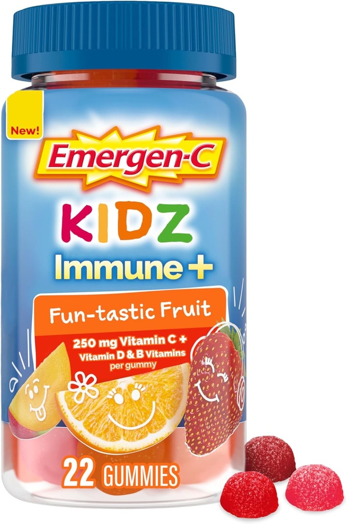 Emergen-C Kidz Immune+ Immune Support Diétne doplnky, Ochutené Gummy s vitamínom C, B Vitamíny a vitamín D pre imunitnú podporu, Fun-Tastic Ovocie Ochutené Gummies - 22 Počet