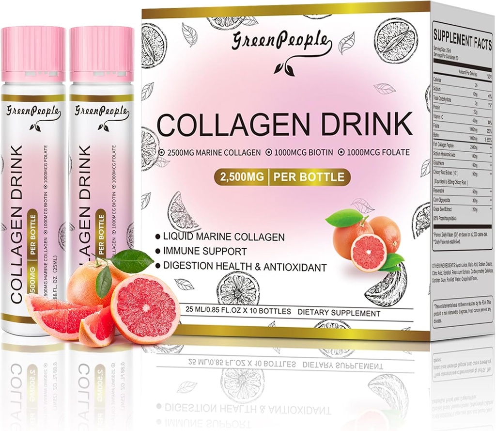 GREENPEOPLE Tekutý kolagén pre ženy a mužov, 2500mg rybí kolagén Peptidy + kyselina hyalurónová + vitamín B & C, vlasové nechty kĺby Kosti Podpora (0,85 fl oz, 10 fliaš, grapefruit)