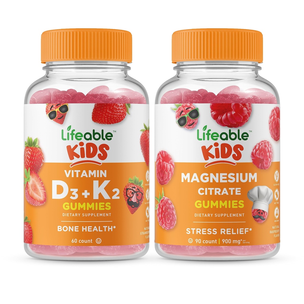 Životaschopný vitamín D3 + vitamín K2 Deti + horčík deti, Gummies Bundle - veľké ochutnávky, vitamín doplnok, bez lepku, bez GMO, žuvacia Gummy