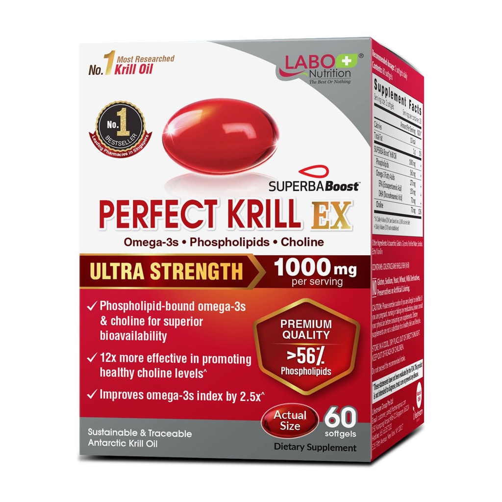 LABO Nutrition Perfect Krill EX, 1000mg Antarktída Krill Oil Omega 3 EPA DHA, Highest Fosfolipids (Over 56%) s Choline, Ast Appendix 