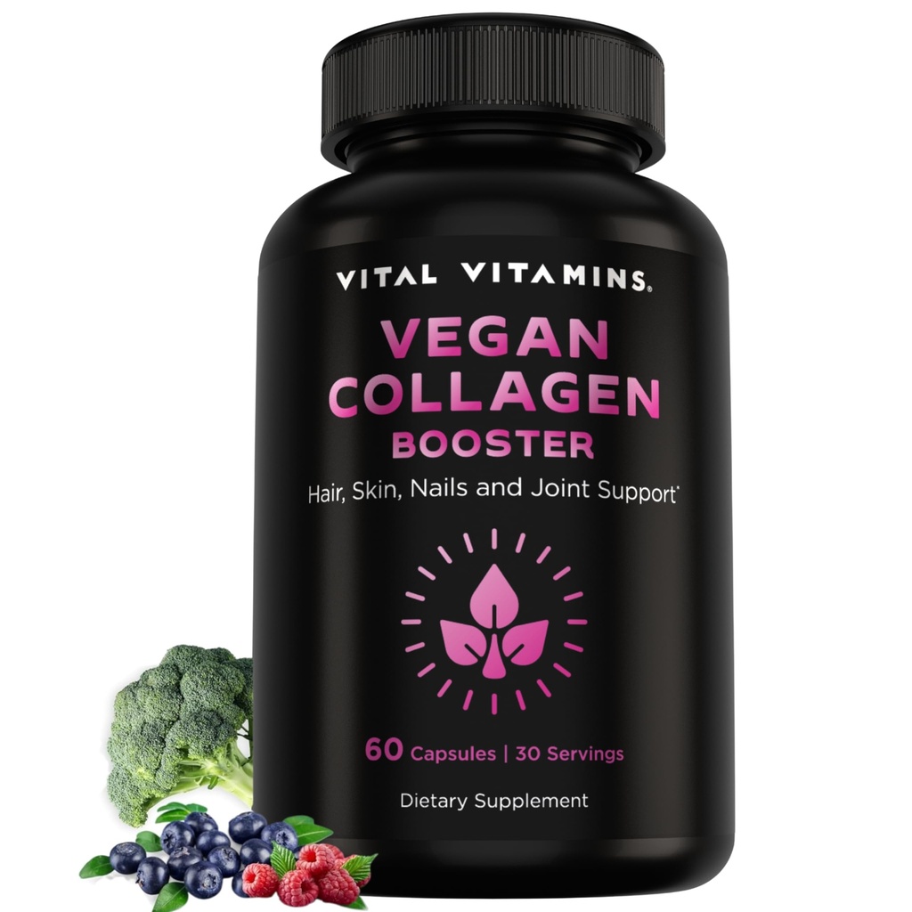 Vital Vitamíny Vegan Collagen Booster - s oxidom kremičitým a kyselinou hyaluronovou - Rastlinné-založené kolagénové doplnky - podporuje vlasy, koža, nechty a kĺby - 60 Kapsule
