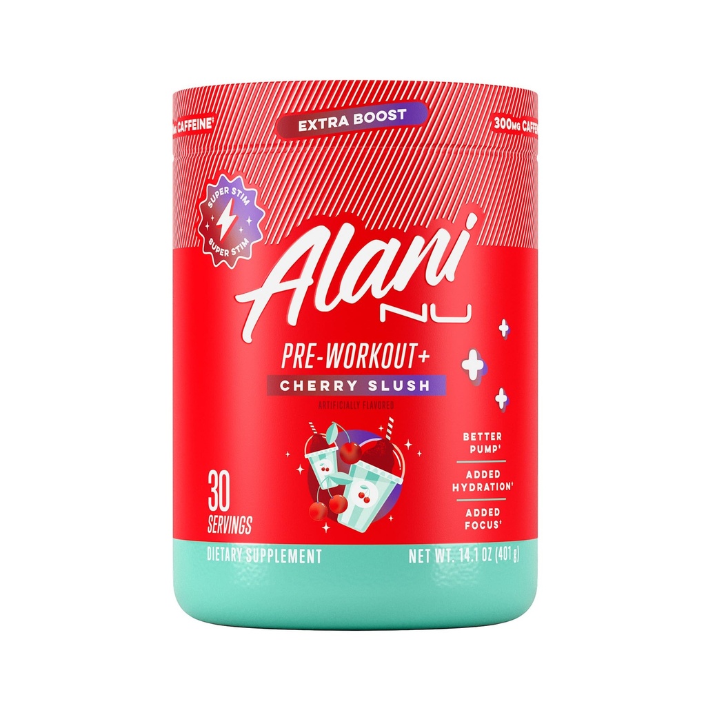 Alani Nu Pre Workout+ Powder Cherry Slush, Extra Boost, bez cukru, 300 mg kofeínu, L-Theanine, Beta-Alanine, Citrulín, 30 Servírovanie