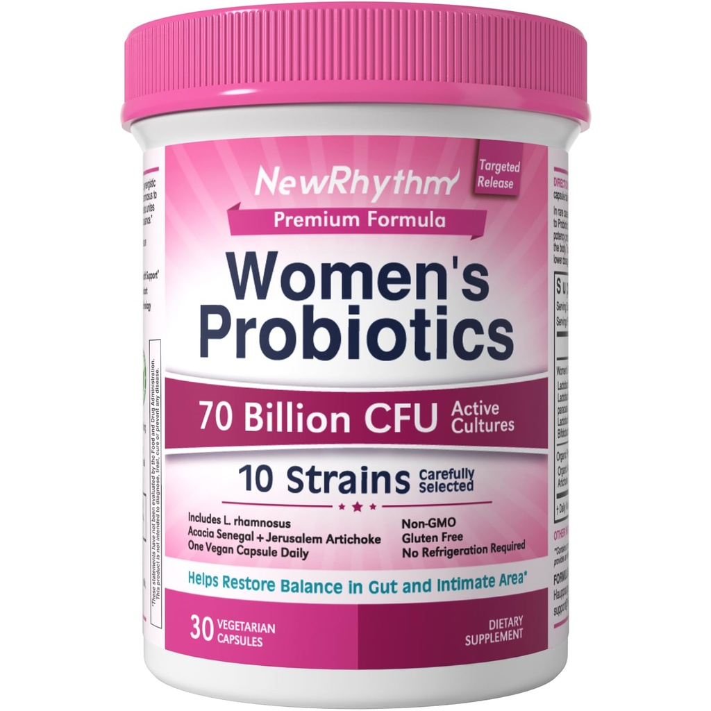 NewRhythm Ženské probiotiká, organické prebiotiká, 70 miliárd CFU 10 kmene, Vaginálne probiotiká pre močové a tráviace zdravie, 30 Vegan Capsules, No Bloating