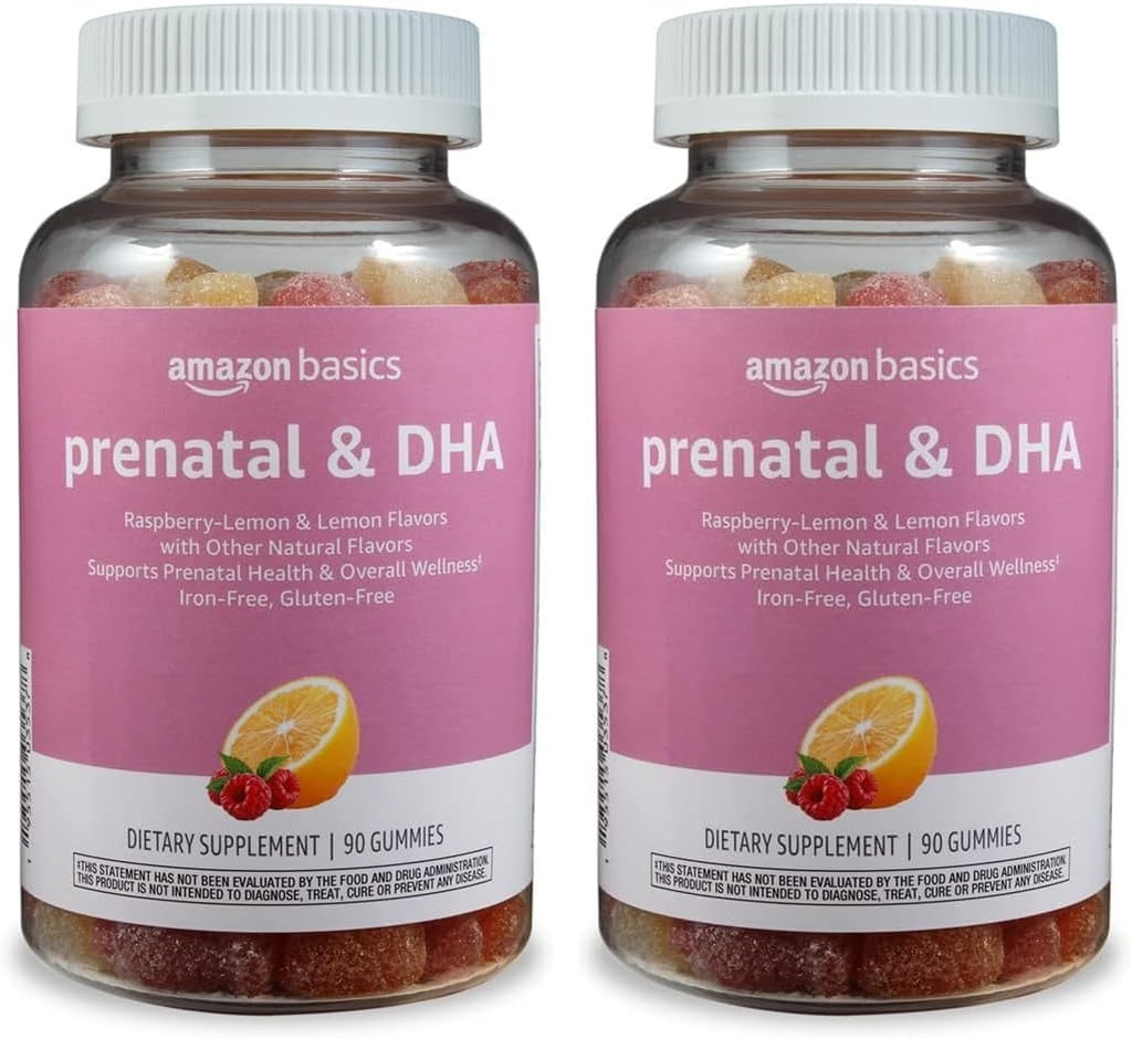 Amazon Basics Prenatal & DHA Gummy, Rasberry & Lemon Flavor, 90 Počet (predtým Solimo) (Stock of 2)