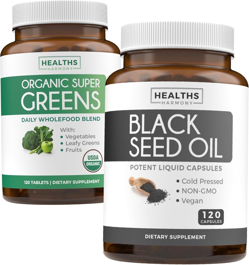Super Greens & Black Seed (2-Month Supply) Greens Oil Synergy Bundle of Organic Super Greens Powder - Complete Superfood (120 Kapsule) & Black Seed Oil - Cold-Pressed Nigeilla Sativa (120 Caps)