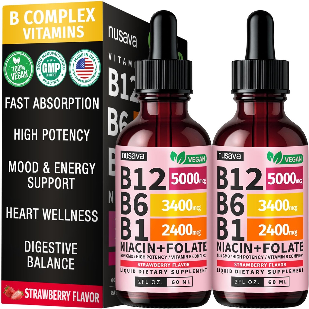 (2 balenia) Vitamín B12 a B6 Tekuté kvapky, B12 Sublingválny vitamín B komplex - B 12 Vitamín 5000mcg - B12 Metylkobalamín pre energiu, mozog, a podpora srdca s 27,200 μg, Jahodová, 80 Servis