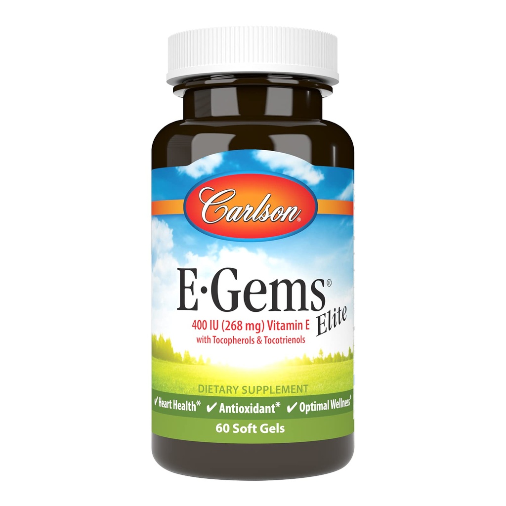 Carlson - E-Gems Elite, 400 IU vitamín E s tokoferolmi a tokotrienolmi, zdravie srdca a optimálna wellness, antioxidant, 60 mäkkých gélov