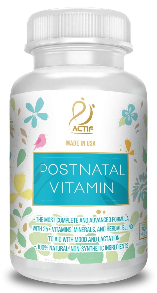ACTIF Postnatálny vitamín s 25+ organickými vitamínmi a organickými bylinami, ošetrovateľstvom a laktačným doplnkom, podporuje vývoj detského mozgu, non-GMO, Made in USA, 90 Count