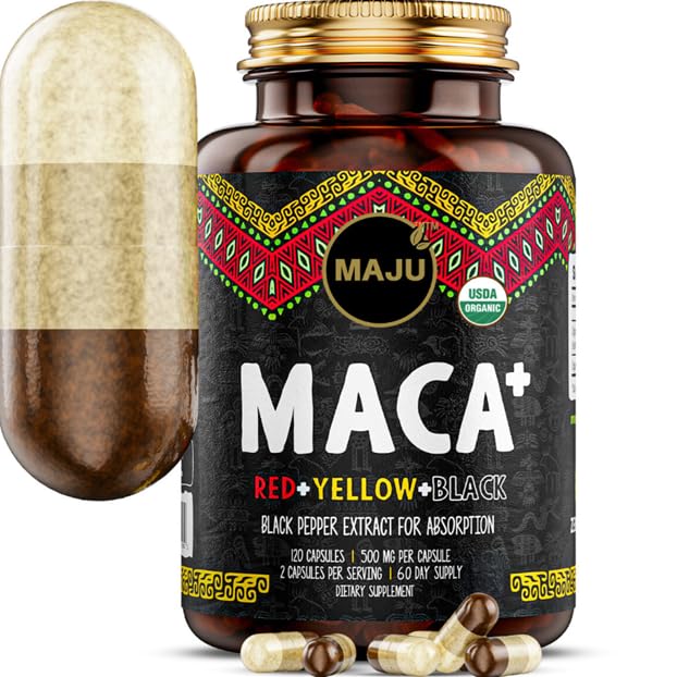 Maju Superfoods 4-in-1 Maca Root Capsules, Organic Black, Yellow & Red Roots w Black Pepper Extract for Absorption (120 ct) | Peru Product, Peruvian Powder, Men & Women Supplement, 60,000 mg