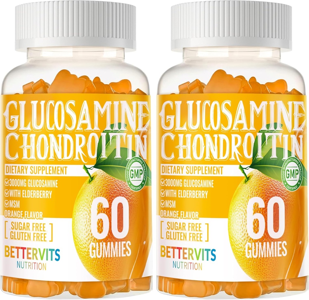 Glukozamín Chondroitín Gummy s extra silou MSM a bazy - Spoločná podpora, Antioxidant Immune Suplement pre dospelých, Muži & Ženy120 Oranžové Gummy