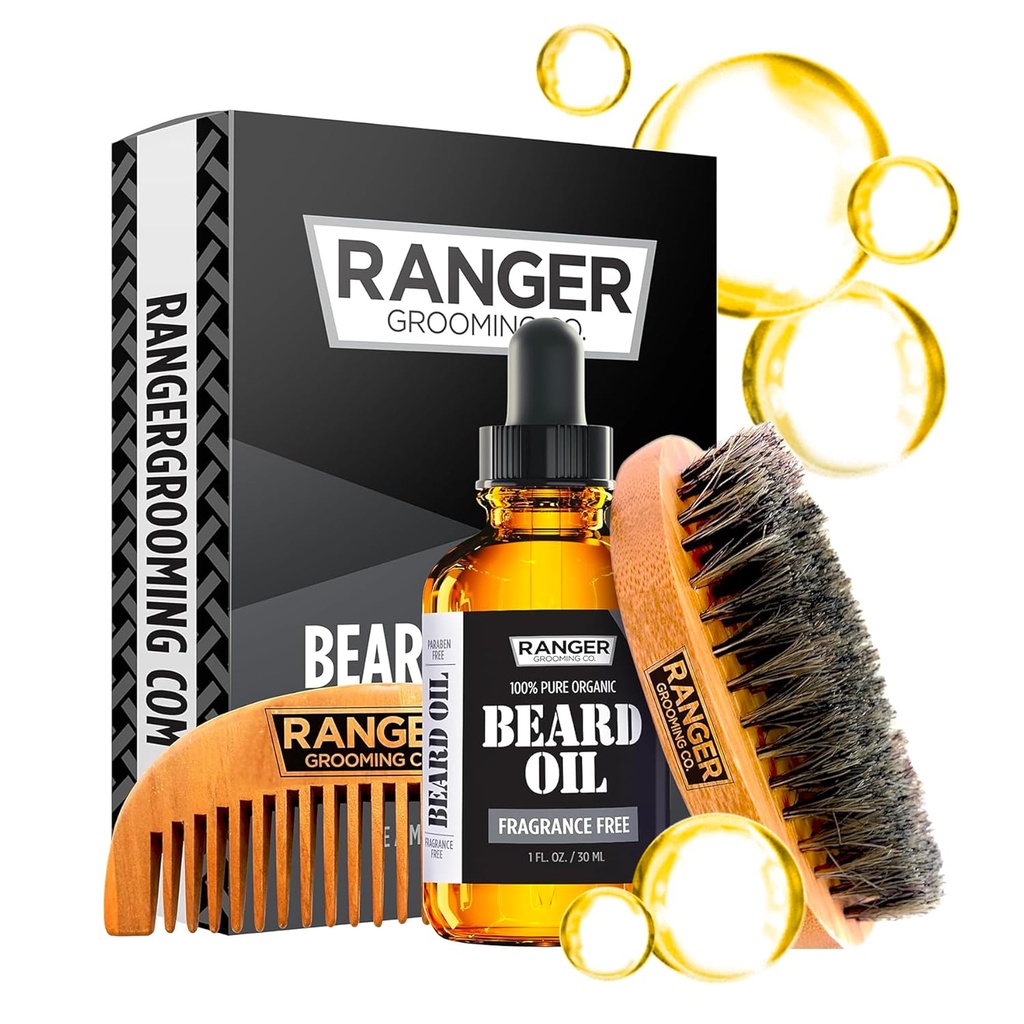 Brad Kit by Ranger Grooming Company by Leven Rose, 100% Organic Natural Fragrance Free Nevoňavý Beard Oil, Boar Bristle Beard Brush, Natural Wood Comb Beard Starter Set pre mužov