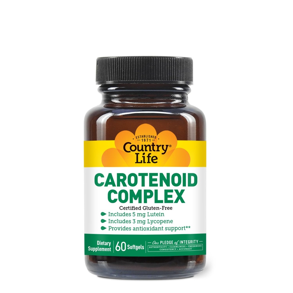 Country Life Karotenoid komplex s luteínom, Lykopénom a astaxantínom, 60 Softgels, Antioxidant podpora