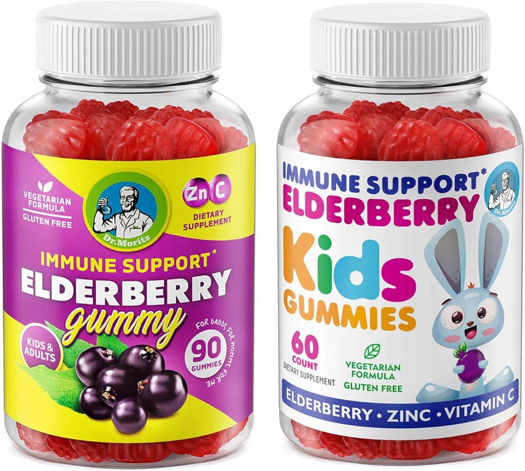 DR. MORITZ bazové Gummy pre deti a rodinno-imunitný systém Posilňovač a podpora zdravia s čiernym Sambucus bazových plodov extraktu - vitamín a zinok bylinná imunita Boost doplnok pre deti