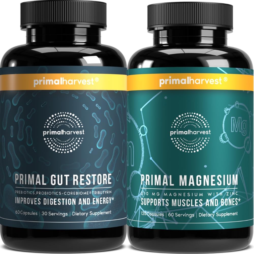 Primal Harvest Primal Gut Restorian and Primal Magnézium Supplement 2 Balíček (180 kapsúl)