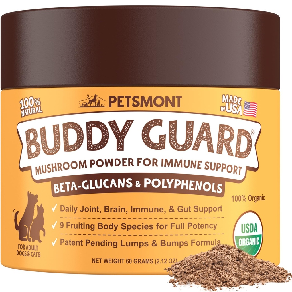 Petsmont Buddy Guard for Lumps and Bumps, Lipoma for Dogs & Cats, Patent Pending Organic 8 Mushrom Powder Blend Natural Dog Probiotic & Immune Support Chaga, Reishi, Lion's Mane, Turkey Tail Mushroom