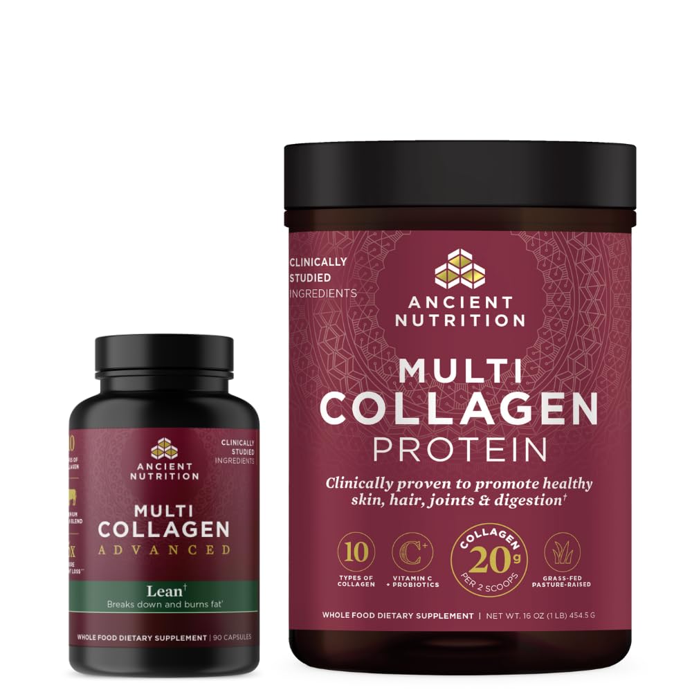 Ancient Nutrition Multi Collagen Advanced Capsules, Lean, 90 Count + Multi Collagen Protein Powder, unflaved, 45 Servings