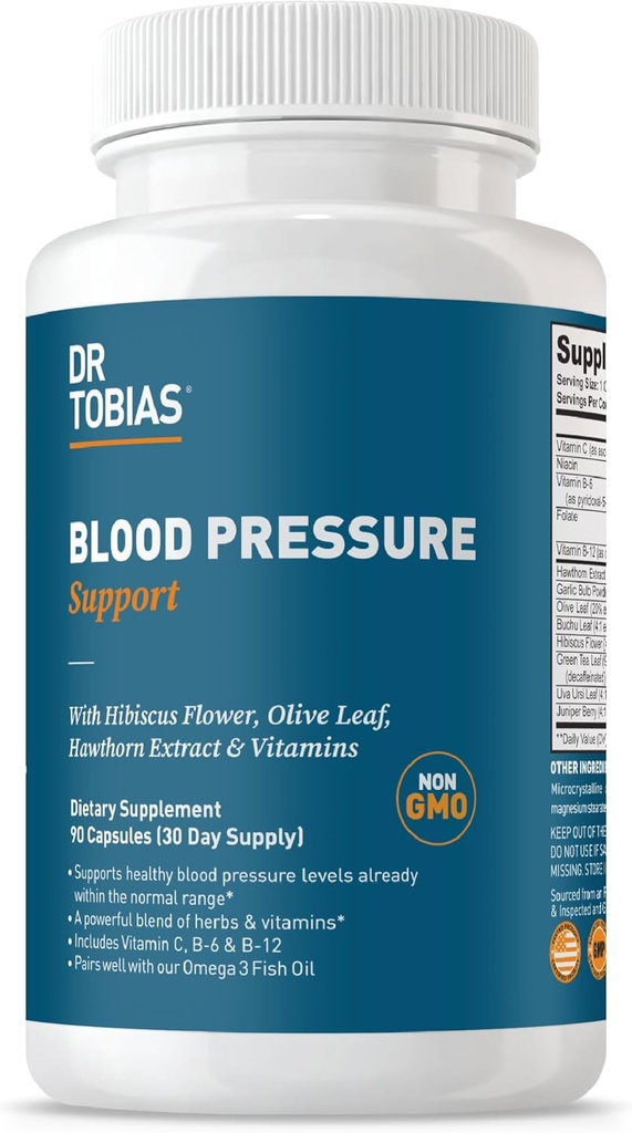 Dr. Tobias Blood Pressure Support Supplement with Hawthorn, Hibiscus Flower, Olive Leaf & Garlic, Supports Normal Circulatory Health with Vitamins C, B6, B12, Niacin, Folate & Herbs, 90 Capsules
