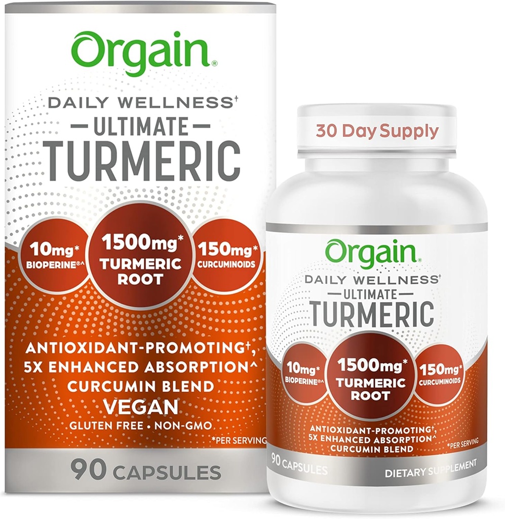 Orgain Ultimate Turmeric Supplement 1500mg, Curcumin a Bioperine Black Pepper Extract Bylinný zmes, podporuje Antioxidant a zdravie srdca - 90 Kapsule, 1 mesiac dodávky