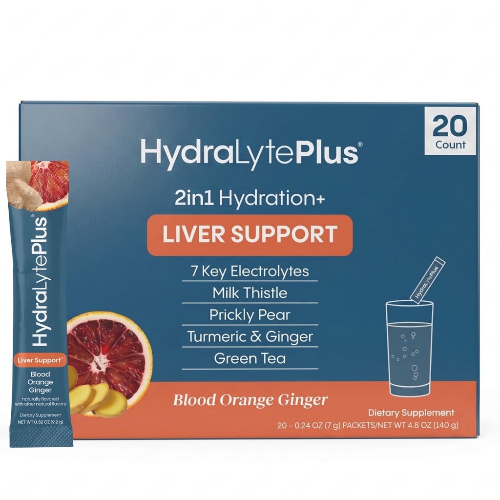 Hydralyte Podpora pečene + Electrolyte Mix s mliekom bodliak, kurkuma, zázvor, tehlový pear, zelený čaj extrakt Formulovaný pre rýchlu rehydratáciu (Blood Orange Ginger, 20 paketov)