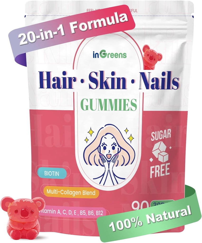 20-in-1 Vlasy kože a nechtov Gummy, Vlasy Biotín Vitamíny pre ženy a mužov s 10000 mcg Biotín, Vitamíny A, C, D, E pre rast vlasov a zdravú pokožku, Biela broskyňová príchuť, 90 Gummies