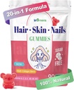 20-in-1 Vlasy kože a nechtov Gummy, Vlasy Biotín Vitamíny pre ženy a mužov s 10000 mcg Biotín, Vitamíny A, C, D, E pre rast vlasov a zdravú pokožku, Biela broskyňová príchuť, 90 Gummies