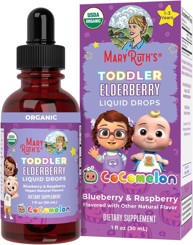 MaryRuth Organics Cocomelon Toddler Elderberry Sirup, USDA Organic Elderberry, Sugar Free Kids Immune Support Supplement for Ages 1-3 Years, Clean Label Project Overified®, Vegan, Gluten Free, 1 Fl Oz