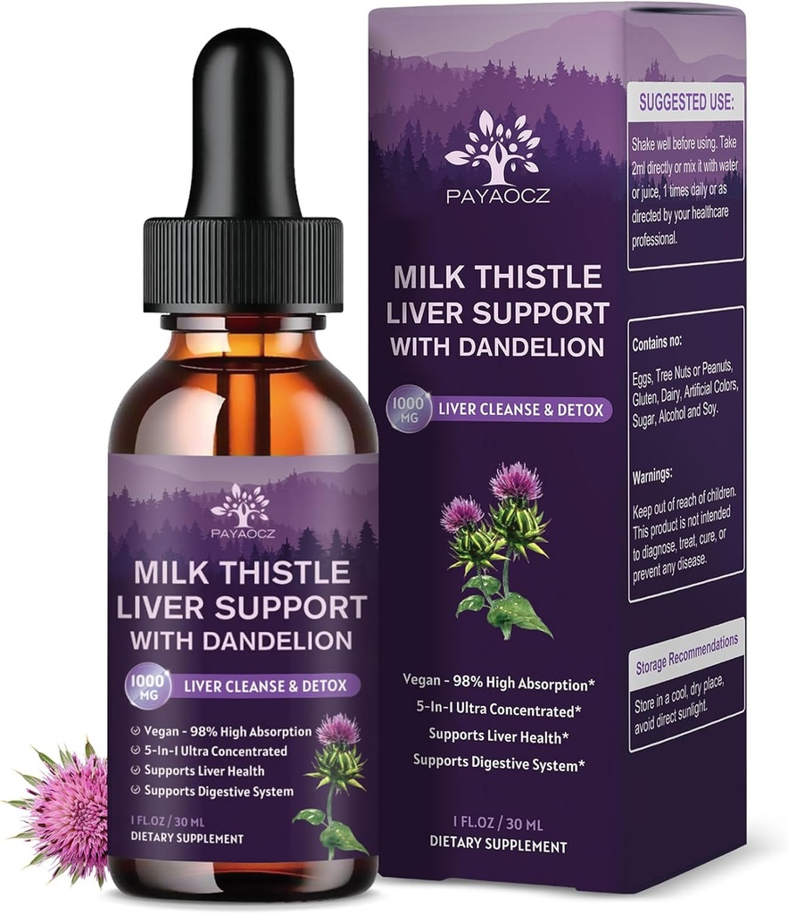 (4 balenia) Milk Thitle Liquid Drops Silymarin 1000mg, Liver Supplement Detox & Clean with Dandelion & Artičok, Milk Thitle Organic Extract for Support Repair Liver Health, Vegan, Non-GMO, 1 Fl Oz