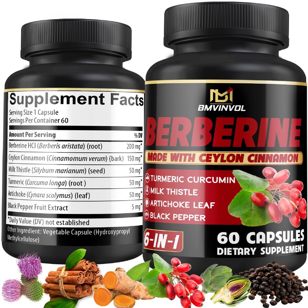 Berberine Supplement with Ceylon škorica, Turmerica, Artičok, Milk Thitle - Berberine HCl Supplement Pills - 60 Kapsule [2-Month Supply]