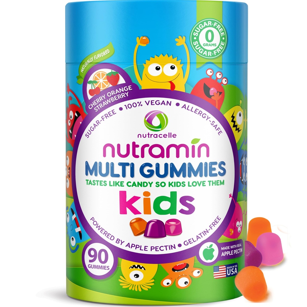 Nutracelle NUTRAMIN bez cukru, bez alergie 100% Vegánske Gummy Multivitamíny pre deti - veľké ochutnávky prírodné Gumies Vaše deti budú milovať - 90 Počet fliaš