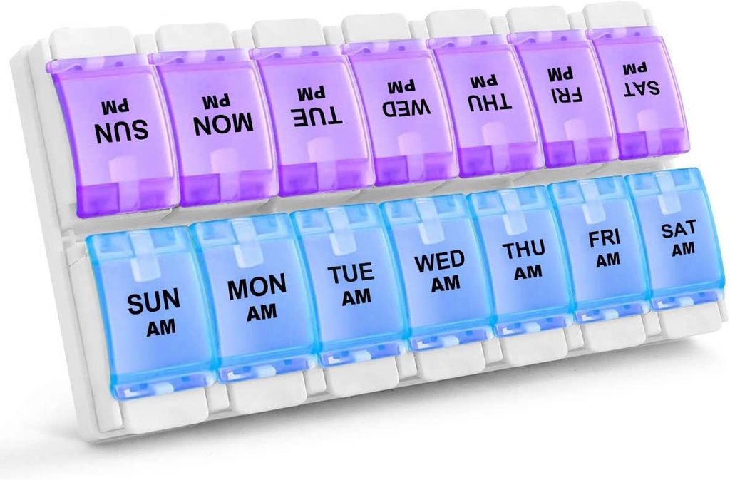 Sukuos AM Týždenná 7-dňová pilulka Organizátor, 2 krát Denná pilulka s Artritída Friendly Push Button, Lieky Prípady pre vitamín / Fish olej / Doplnky, ľahko čistiť (Purple & Blue)