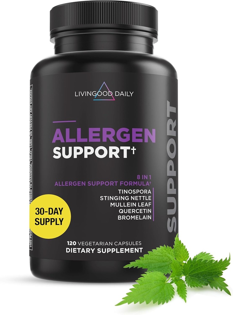 Livingood Daily Allergen Support, Natural Allergy Supplement with Vitamin C, Quercetin, Nettle Leaf, Zinok, Hypromelain & Tinospora, Non GMO, Vegan, Immune Support Formula, 120 Vegetariánskych kapsúl