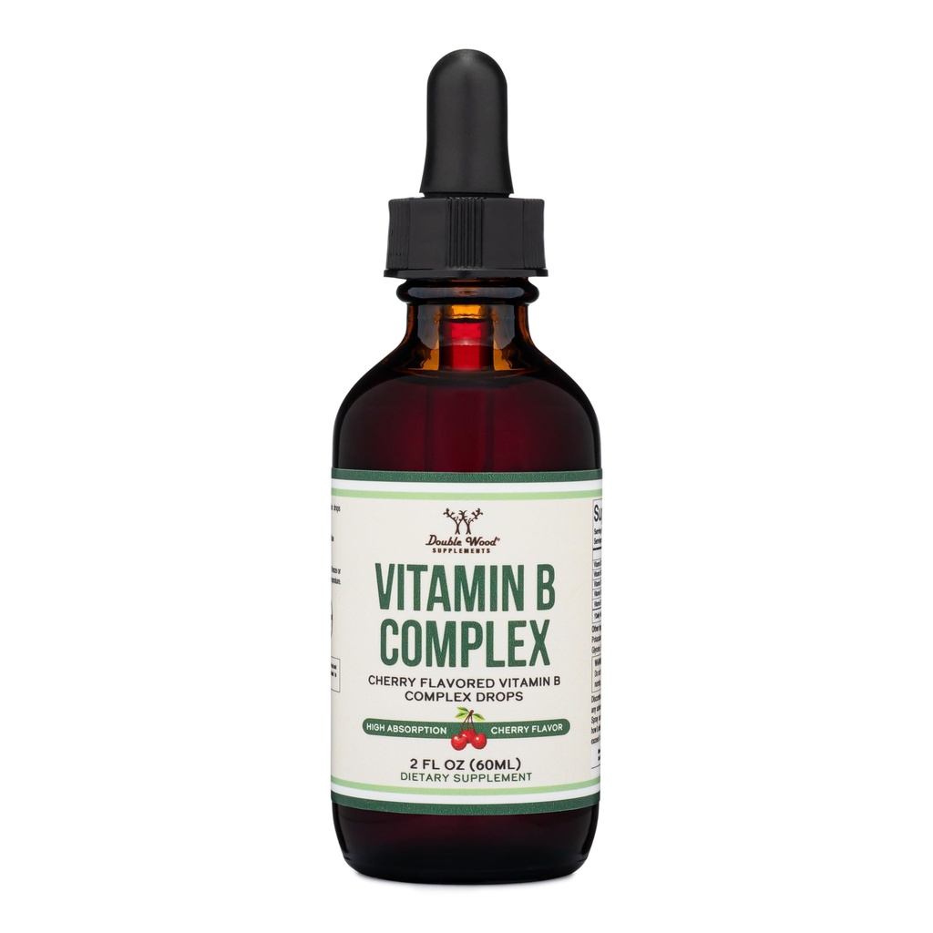 Doplnky k dvojitému drevu Tekutý vitamín B komplex - 2-mesačný zdroj - maximálna absorpcia - B3, B6, B7 (biotín), B9, a vitamín B12 - Cherry Flavor - 2 FL OZ