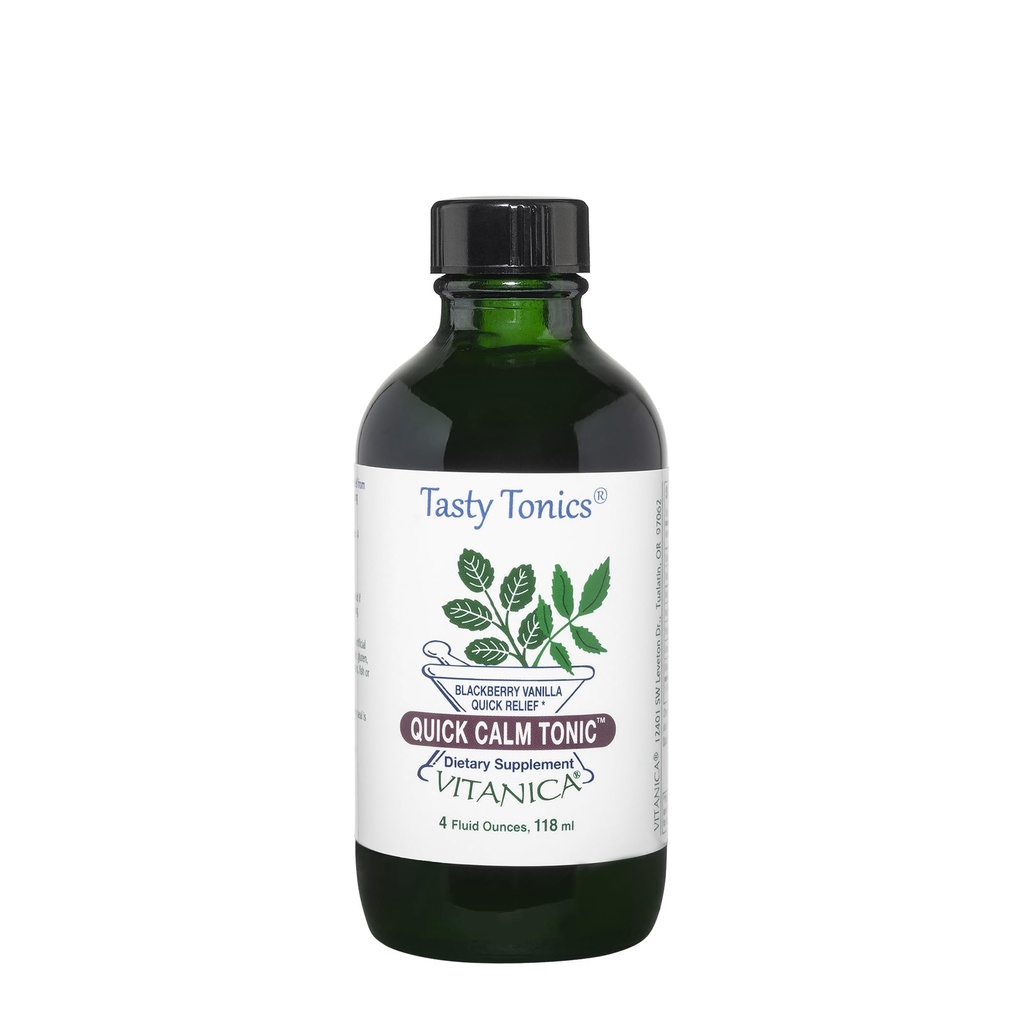 Vitanica Quick Calm Tonic - Stress Suplement - Bylinné doplnky s levanduľou, Valeriánom koreňom, Kava Root & Passionflower Herb - BlackBerry Vanilla - Pro Logo - 4 Fl Oz (118 ml)