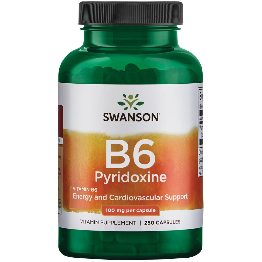 Swanson B6 Pyridoxín - Vitamín doplnok Podpora Kardiovaskulárne zdravie a energetický metabolizmus - Prírodná formula Podpora celkového wellness - (250 Kapsule, 100mg Každý)