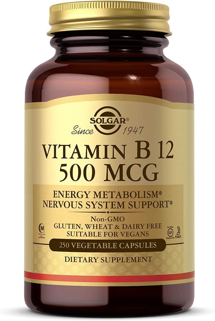 Solgar Vitamín B12 500 mcg, 250 Rastlinné kapsule - Energetický metabolizmus - Nervový systém Podpora - Podporuje zdravie srdca - Non-GMO, Vegan, Gluten Free, Dairy Free, Kosher, Halal - 250 Servisné služby