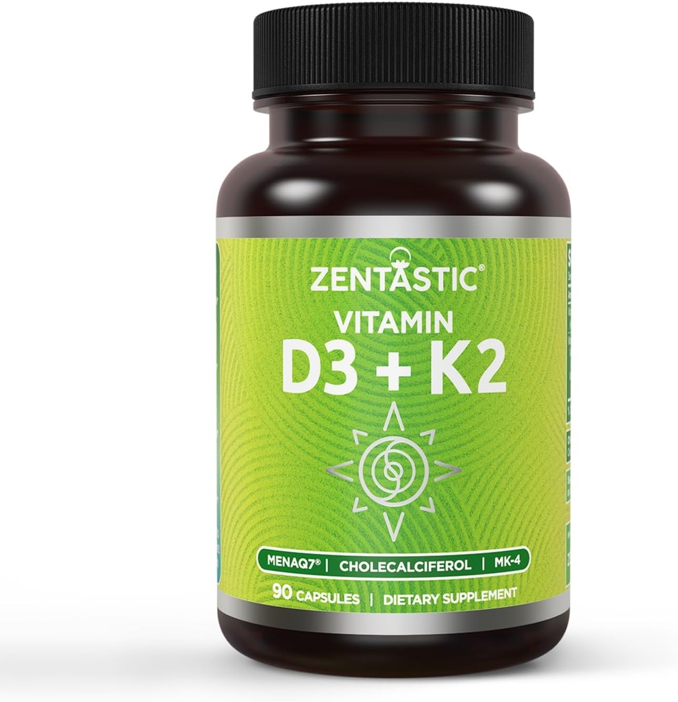 Zentastic vitamín D3 K2, 5000 IU & 200 μg, vitamín D a patentovaný MK7 & MK4 pre 3-in-1 komplexnú podporu - Vegetariánska, non-GMO, 90 Caps