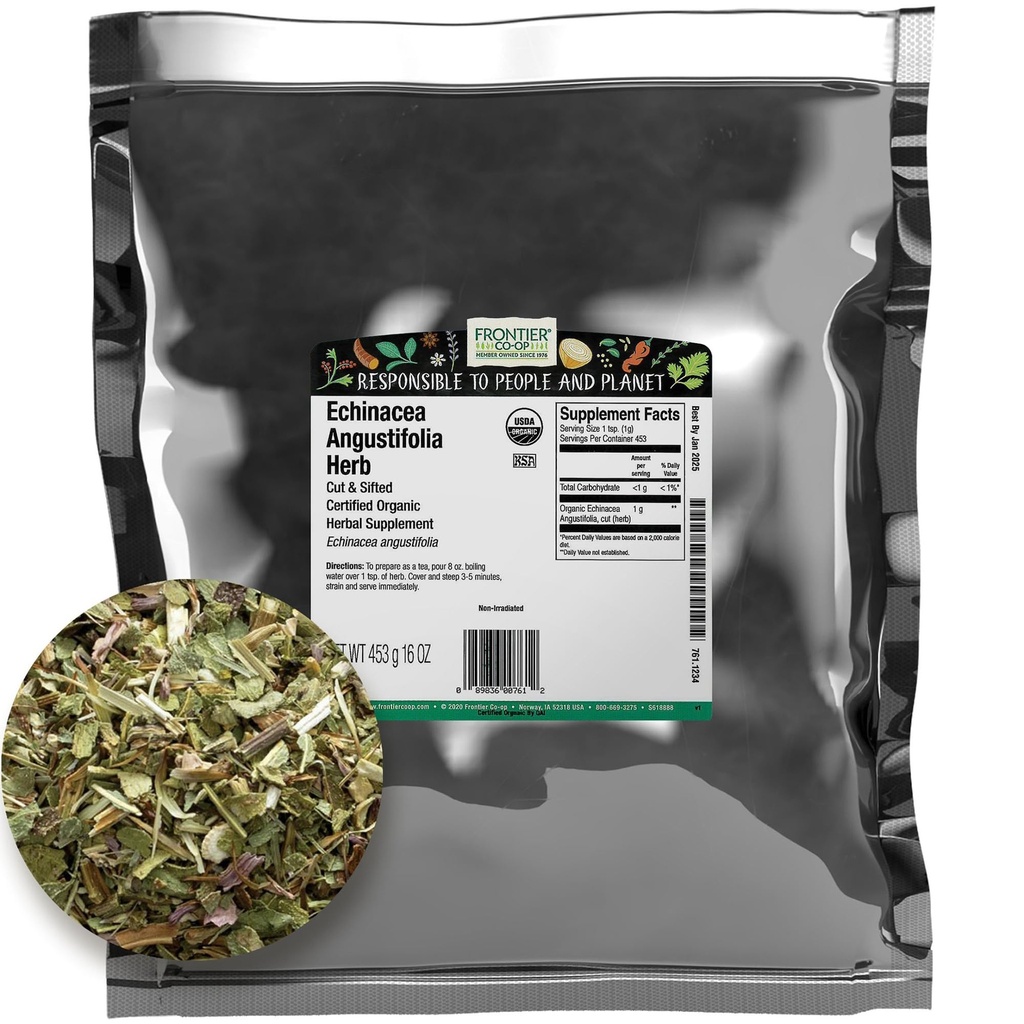 Frontier Co-op Organic Echinacea Angustifolia Herb, 1lb hromadný vak - nakrájaný a preosiaty, sušený - ideálny pre Echinacea Root Tea a bylinné použitie, Kosher