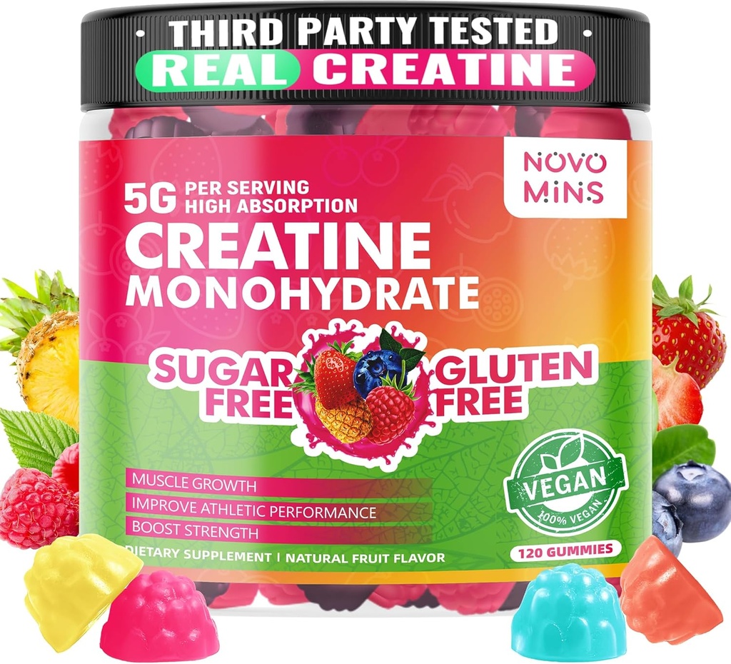 novomíny Kreatín monohydrát Gummy 5000 mg pre mužov a ženy, žuvačky Kreatín Monohydrát pre svalovú silu, svalový Builder, Energy Boost, predpráce doplnok (120 počet)