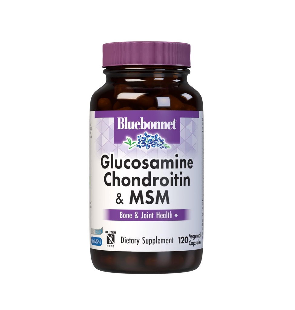 Bluebonnet Nutrition Glukozamín Chondroitín & MSM, Glukozamín, Bone & Joint Health*, Non-GMO, Gluten-free, Soy-free, Dairy-Free, 120 Rastlinné kapsuly, 40 Servisov