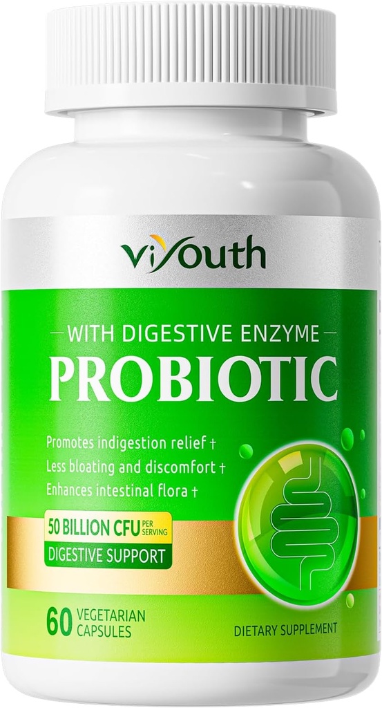 Probiotiká pre ženy a mužov - Probiotiká 50 miliárd CFU 18 Kmene & 5 Digestívne enzýmy pre zdravie Gut, Immune - Probiotiká Kapsule podporujú plynu a šľahanie, prírodné, non-GMO, bez lepidla, 60ct