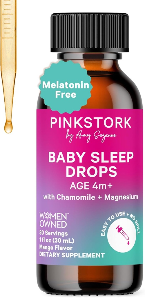 Pink Stork Baby spánok kvapky, prirodzene podporovať spánok bez melatonínu pre dojčatá, batoľatá, a deti, Pomocný spánok s harmančekom a horčíkom, Baby Essentials for Bedtime, 1 oz, 30 Slúži