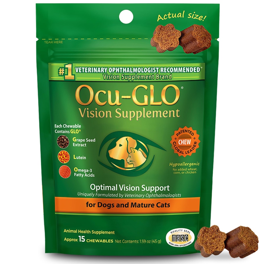 Ocu-GLO Cat & Pes Senior Supplement for Eye Suplements for Chewable Vision Vitamíny Doplnky pre veľké a malé domáce zvieratá starostlivosť o lutein, Omega-3 mastné kyseliny, extrakt z hroznových semien a antioxidanty