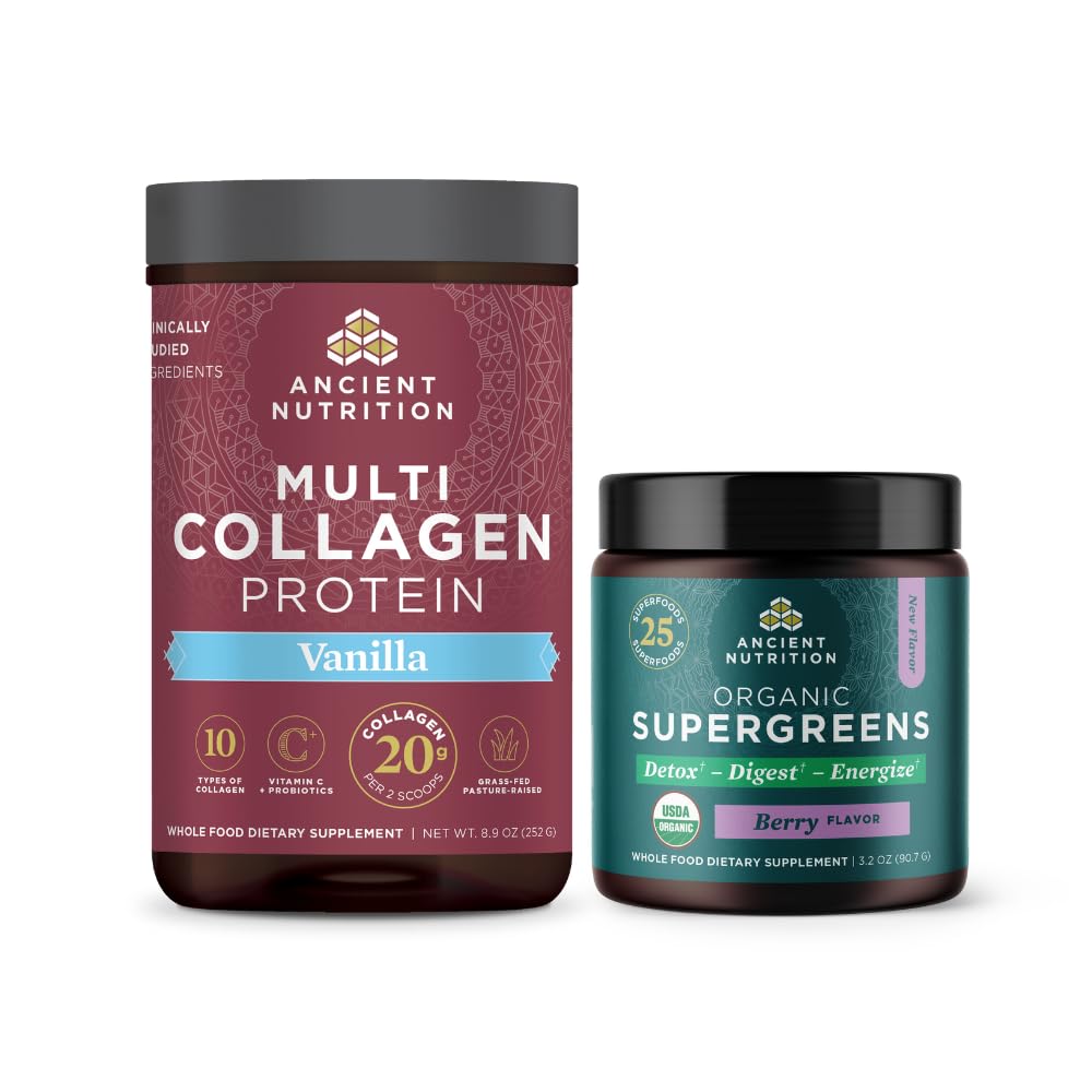Ancient Nutrition Multicolagen Protein Powder, Vanilla, 24 Servings + Organic Supergreens Powder, Berry, 12 Servings