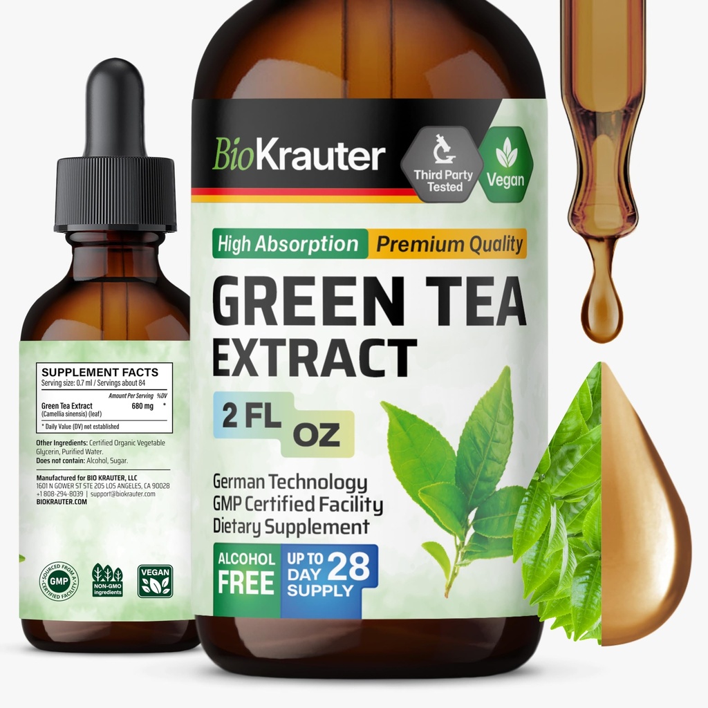 BIO KRAUTER zelený čaj extrakt kvapaliny kvapky - Zelený čaj doplnky - Antioxidant Zdroj - Alkohol a cukor bez - 2 Fl.Oz.