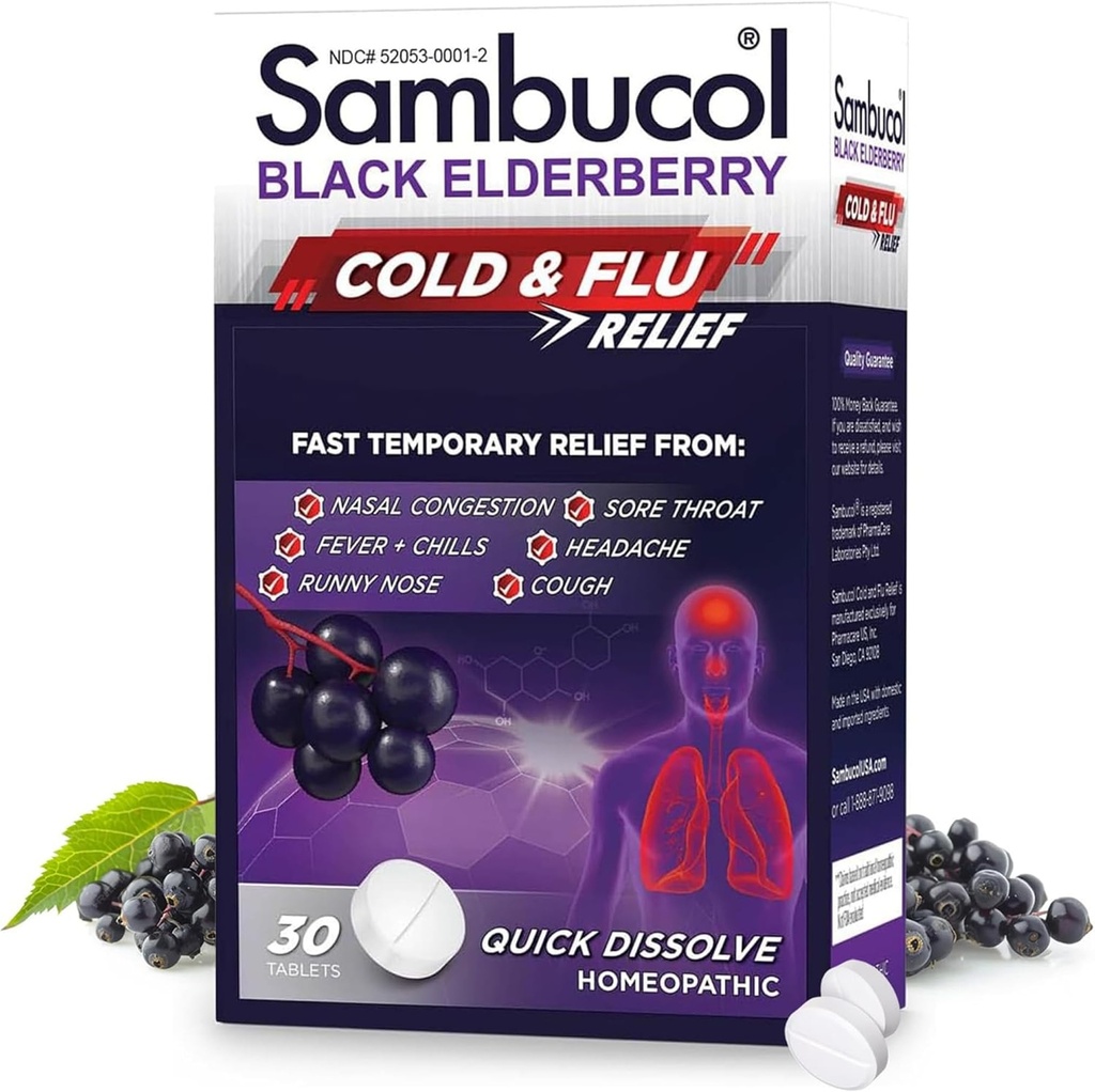 Sambucol Cold and Flu Relief Tablets - Homeopatická studená medicína, Remedy pre dospelých, Black Elderberry pre chlad, Zinok Remedy - 30 Počet