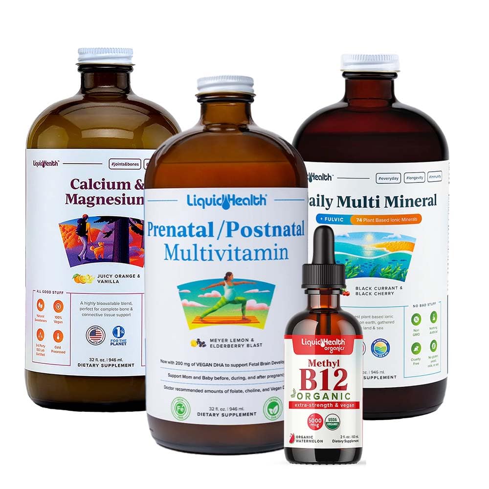 LIKVIDNÁ HEALTHA Dámske zdravie a vitalita Daily Liquid Multivitamín Bundle with Prenatal/Postnatal Multivitamín, Calcium & Magnézium, Daily Multi Mineral, & Organic Vitamin B12 Drops - USA Made, Non-GMO