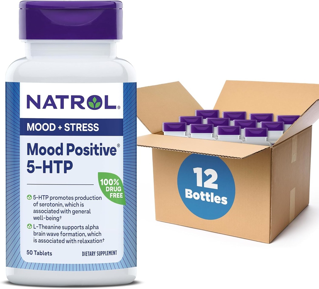Natrol Mood Positive 5- HTP 50 mg s L- Theanine, vitamín B6, vitamín B12 a folát, Diéta Supplement pomáha podporovať pozitívnu náladu, 50 tabliet, 25- 50 dní (Stock 12)