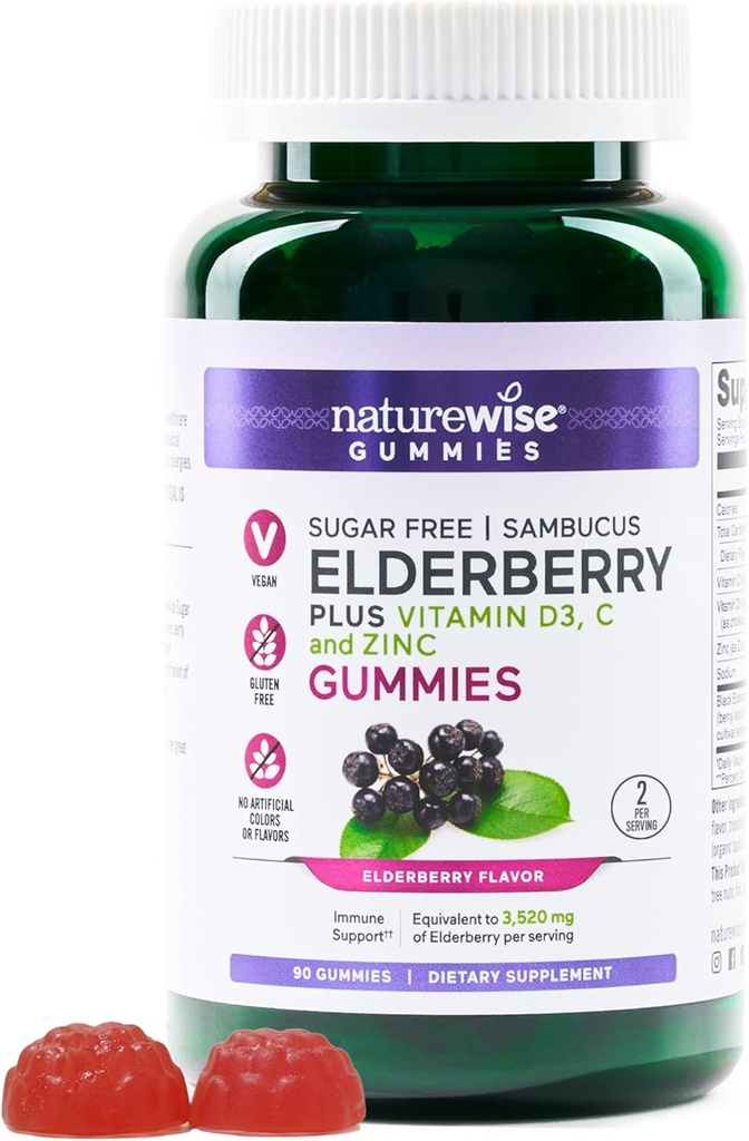 NatureWise Sambucus Elderberry Gummies - Cukor-free - Daily Immune Suplement for Kids and Adults*, with Vitamin C, D3, Zinc - Vegan, Gluten Free, Non-GMO - 90 Count[45-Day Supply]