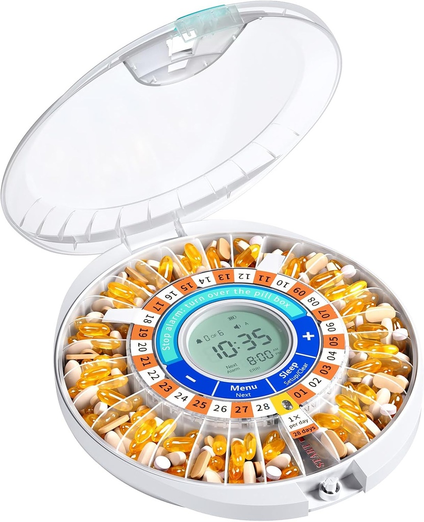 Daviky Automatické pilulky dávkovač pre staršie osoby s alarmom, 28-Deň elektronické zamknuté pilulky box, zvuk a svetlo upozornenie na lieky, vitamíny, a doplnky [Orange]