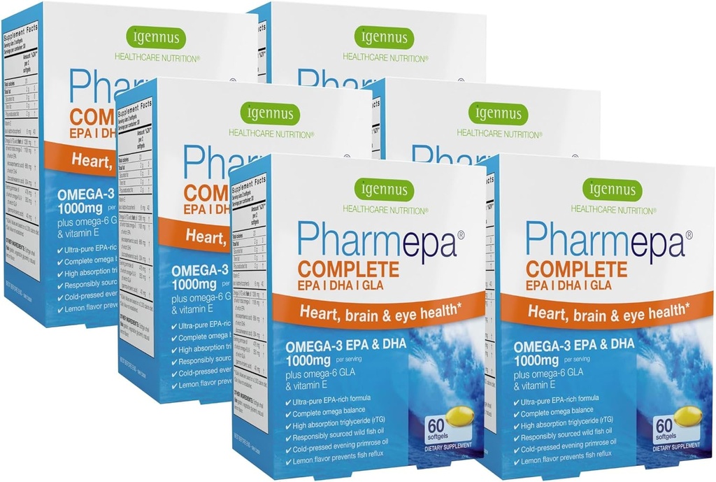 Igennus Pharmepa Complete EPA 668mg & DHA 334mg Omega-3 mastné kyseliny 1000mg, IFOS Certified, RTG Form, High Potency Fish Oil Plus Omega-6 & 9 from GLA Evening Primrose Oil, Lemon Flavor, 360 Softgels